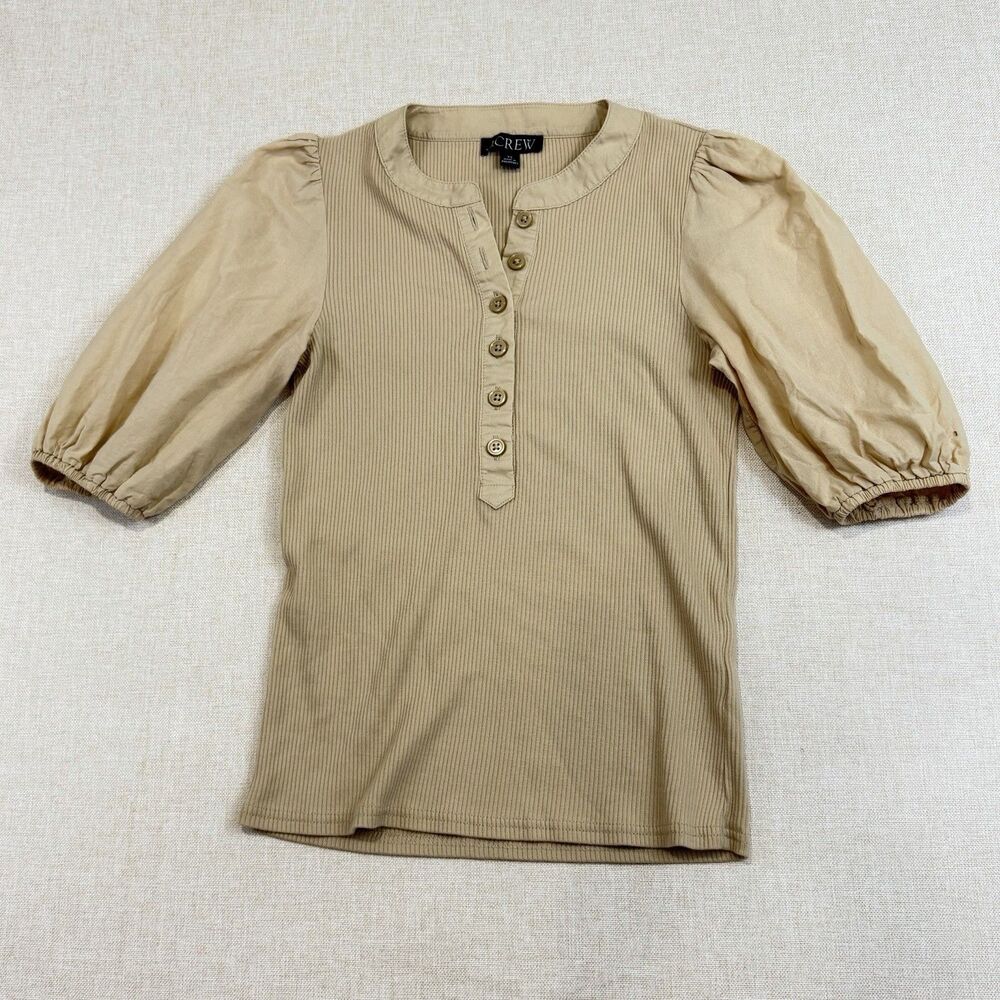 J.Crew Vintage Rib Puff Sleeve Henley Top Womens XS Tan Beige BQ896